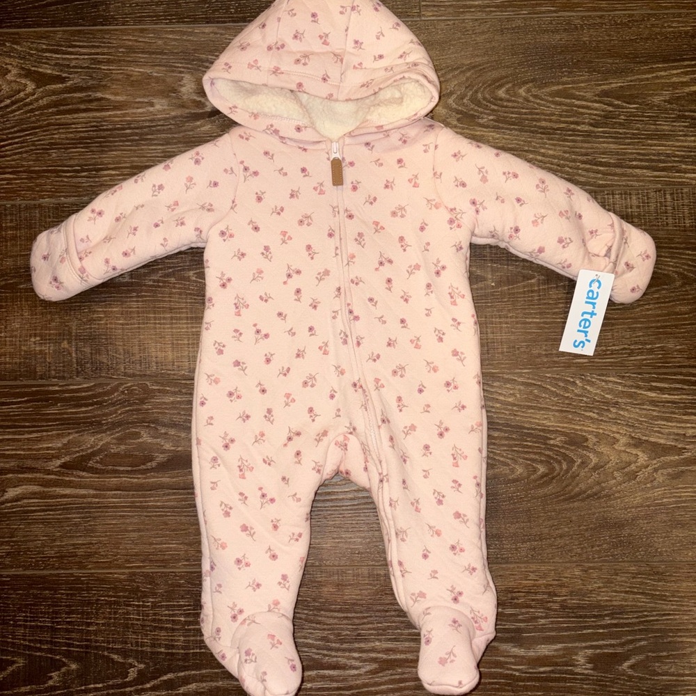 NWT Carter's Light Pink Floral Hooded Fleece-Lined One-Piece Footie